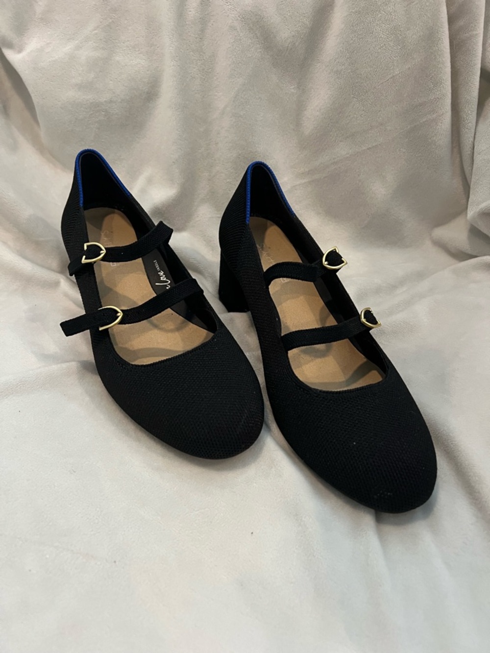 Rothy's Black Double-Strap Mary Jane Heels with Gold Heart Buckles